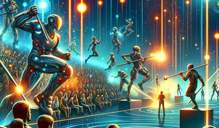 Moderne Battle-Royale-Arena mit Unternehmen als futuristische Krieger, die um leuchtende Talente konkurrieren